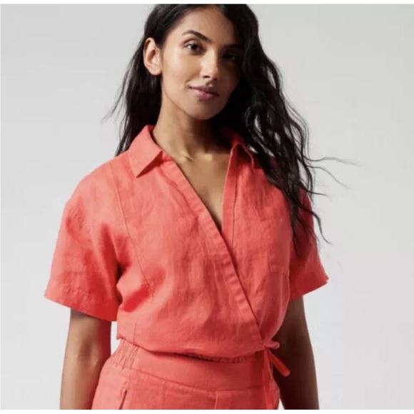NWT Athleta Playa Linen Tie Short Sleeve Top in Passion Fruit Coral Sz S Petite - Picture 1 of 8